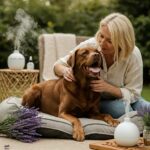 An anxious dog being comforted by its owner in a calming outdoor space with lavender and natural anxiety relief elements.