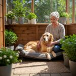 A senior golden retriever resting comfortably on a cozy dog bed in a warm, sunlit room designed for aging dogs.