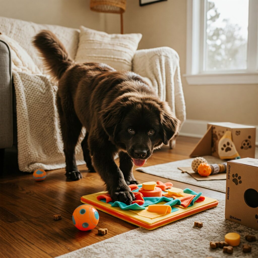 Happy dog playing with a puzzle toy at home as part of a mental enrichment routine. Includes treat-dispensing toy and cozy environment for indoor brain games.