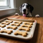 Dog looking at freshly baked homemade treats on a kitchen counter.