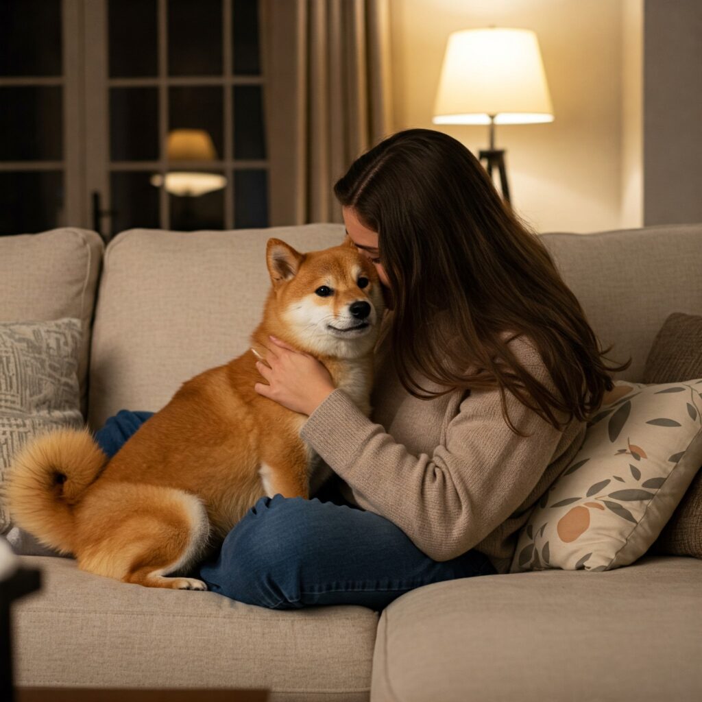 Shiba Inu dog resting its head on owner’s lap as a sign of love and trust.