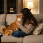 Shiba Inu dog resting its head on owner’s lap as a sign of love and trust.