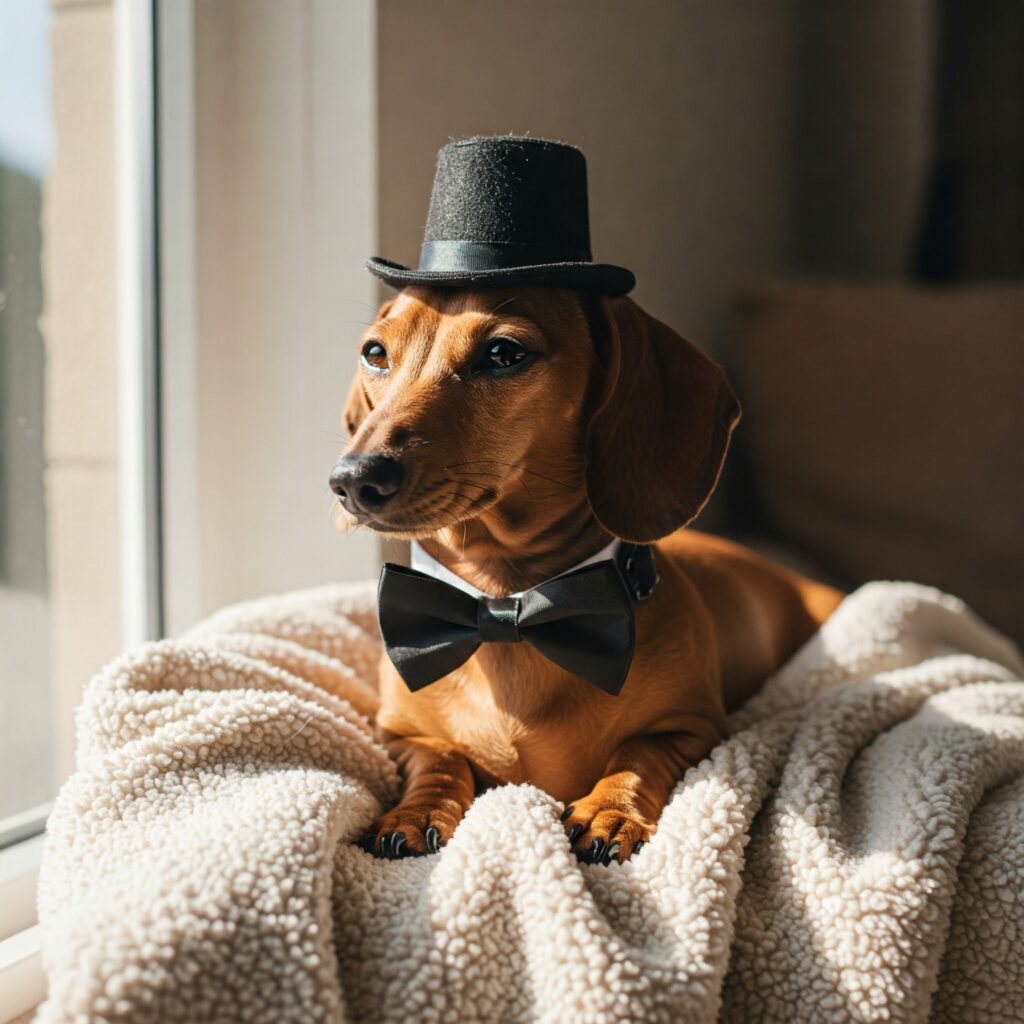 A dachshund in a hat and bowtie sitting by the window, ready for an Instagram photoshoot.