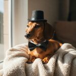 A dachshund in a hat and bowtie sitting by the window, ready for an Instagram photoshoot.