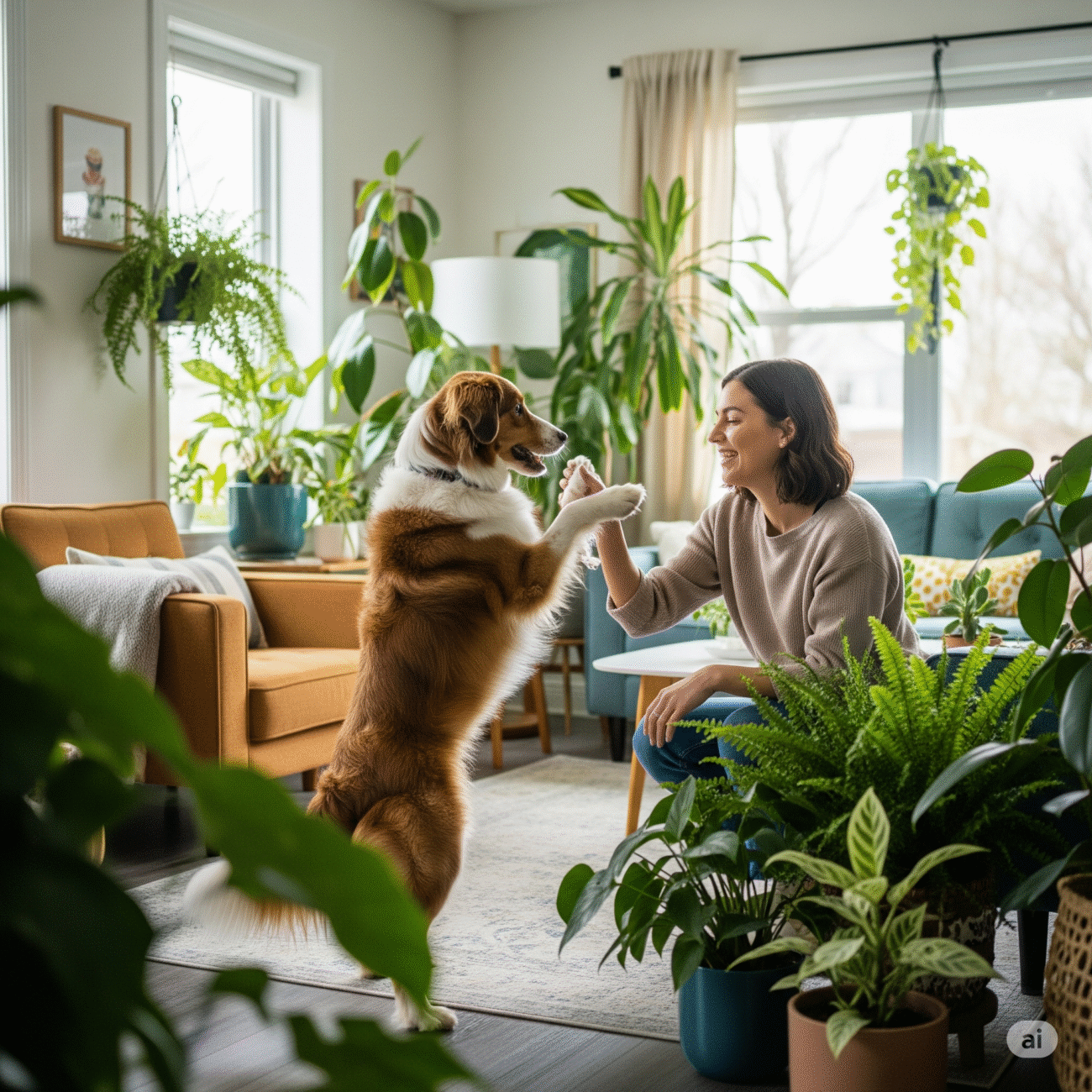 Dog playing indoors with owner, standing on hind legs in a cozy living room.