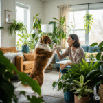 Dog playing indoors with owner, standing on hind legs in a cozy living room.